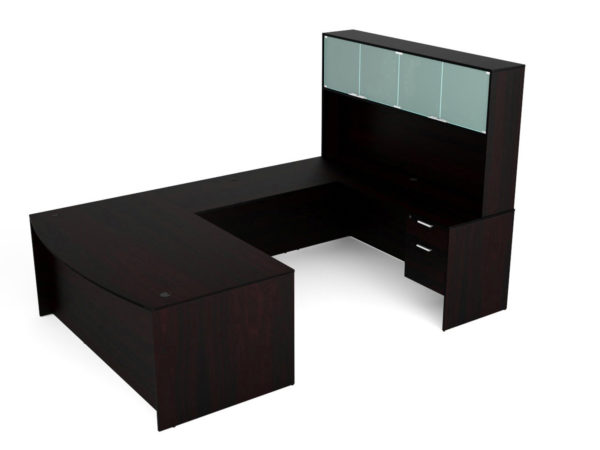 Find used KUL 71x108 bow front u-shape desk + hutch (glass doors) w 2 bf ped (esp)s at Office Furniture Outlet