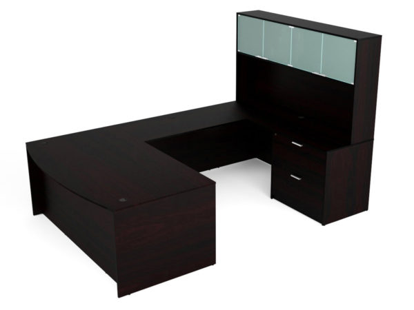 Find used KUL 71x108 bow front u-shape desk + hutch (glass doors) w 1bbf and 30" 2 drawer lateral (esp)s at Office Furniture Outlet