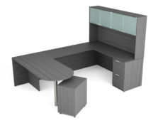 Find used KUL 71x102 d-top u-shape desk + hutch (glass doors) w 1ff and 1 bf ped (gry)s at Office Furniture Outlet